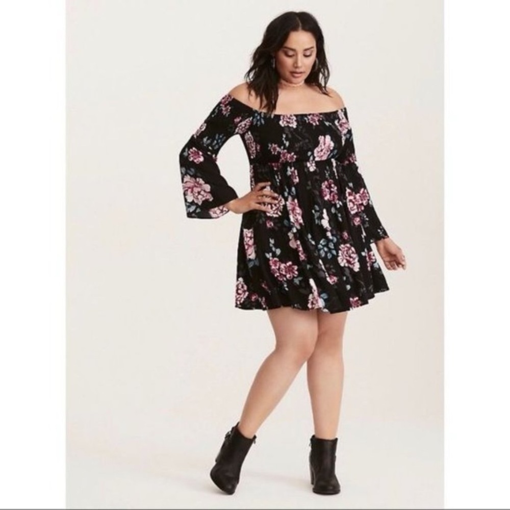 TORRID Floral Print Smocked Bell Sleeve Dress - Picture 2 of 7